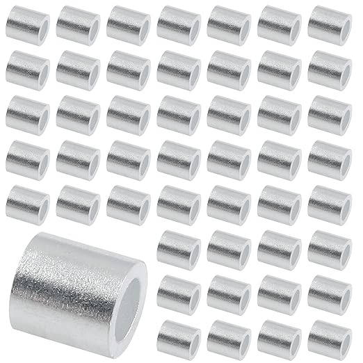 50Pcs Wire Rope Stop Sleeves, 3/16 Inch (5mm) Aluminum Crimping Loop Sleeve Round Cable Stop Sleeve for Wire Rope