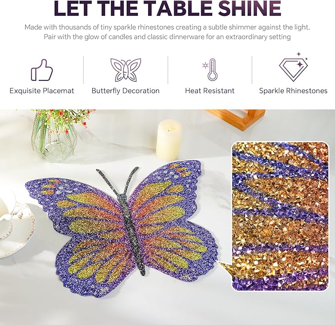 Purple Butterfly Placemat, Colorful Rhinestones Bling Glitter Place Mat for Home Kitchen Table Decoration, Butterfly Gifts for Women Mom (Purple,1 PCS)