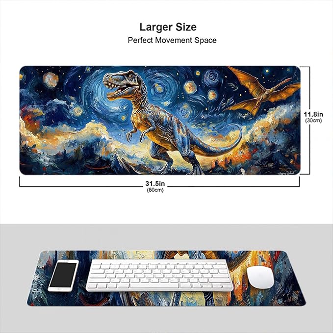 Dinosaur Gaming Mouse Pad Oil Painting Night Sky Dreamy Extended Mousepad Waterproof Stitched Edges Rubber Base Non-Slip Deskmap Computer Keyboard Mat Office Computer Keyboard Laptop 31.5x11.8 Inch