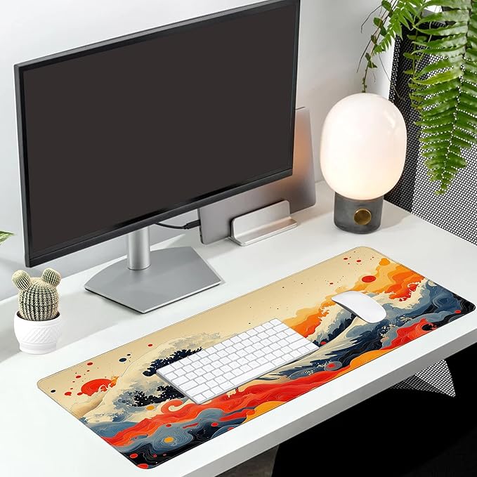 Long Gaming Mouse Pad Extended Anime Large Desk Pad with Non-Slip Base Full Keyboard Mat with Stitched Edges for Gaming and Office 31.5 x 11.8 inches (Watercolor Wave)