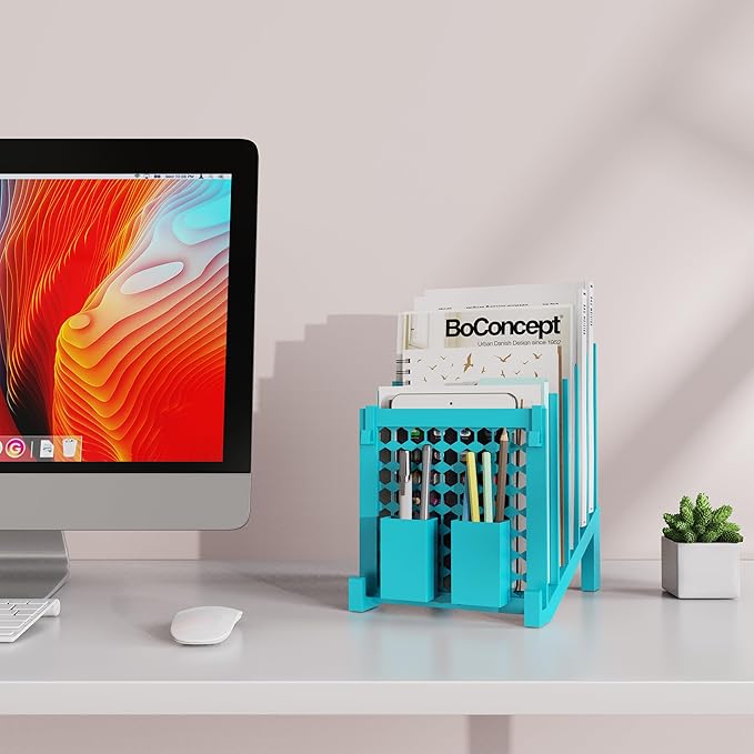 File Organizer for Desk with Storage Box & Hook, Inclined Desk File Organizer with 5-Section Vertical File Holder Suitable for Home Office Document Organization (Light Blue)