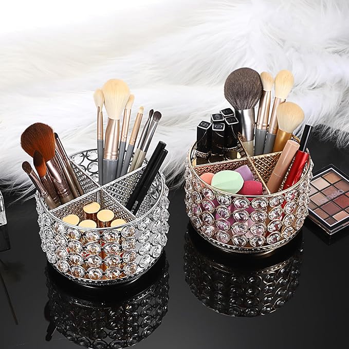 Hipiwe Crystal Vanity Organizer 360 Rotating Makeup Brush Holder Spinning Cosmetic Brushes Display Holder Gold Vanity Storage Holder Multi-Functional Desk Organizer for Eyebrow Pen Pencil, 4-Slot