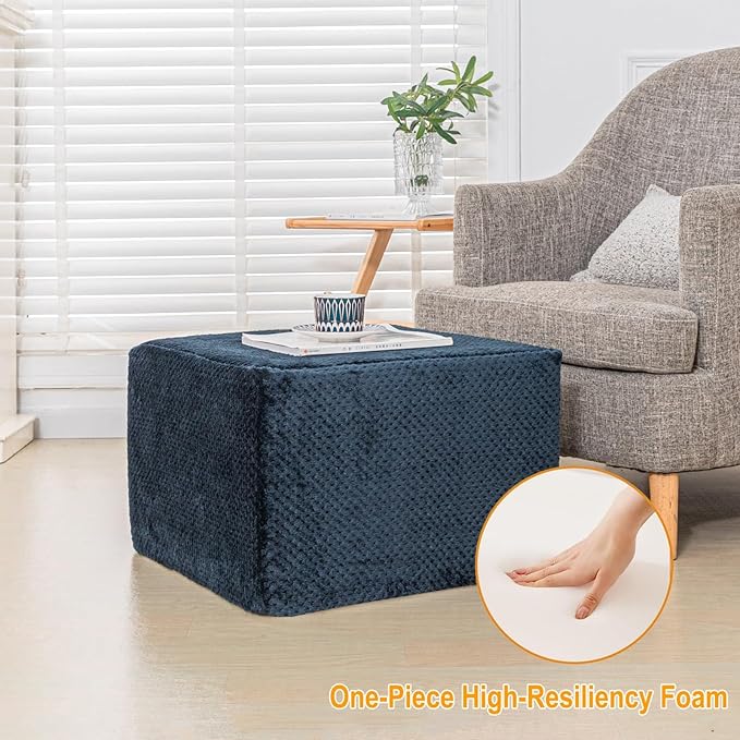 Furry Square Pouf Ottoman – 20"x14" One-Piece Seamless Integral Foam Foot Stool Ottoman Foot Rest Living Room Bedroom Under Desk (Navy Blue)