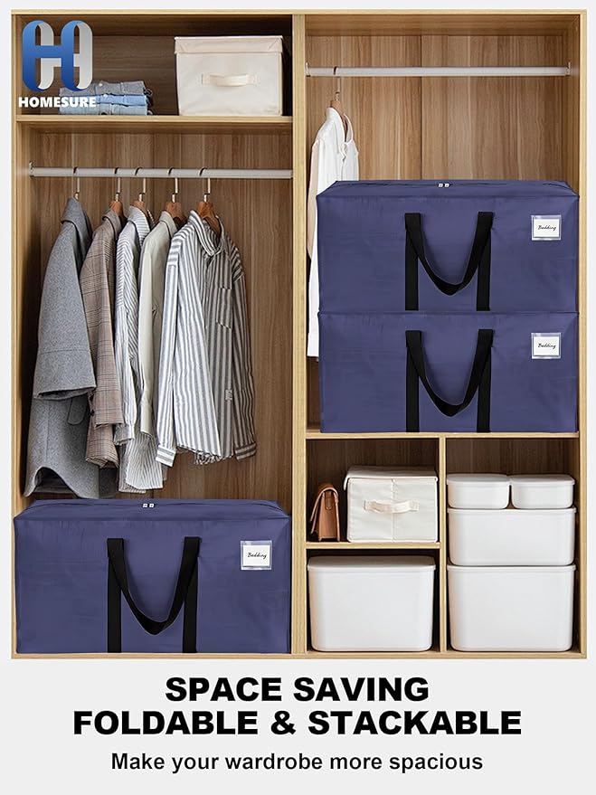 80 Pack Large Strong Moving Bags with Zippers & Carrying Handles - Water-Resistant - Heavy Duty Storage Tote for Space Saving, Fold Flat, Alternative to Moving Box (Blue)