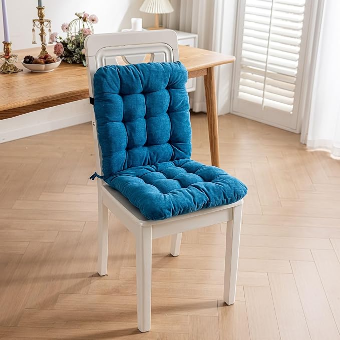 Desk Chair Cushion with Ties Office Seat Cushion Non-Slip Chair Pad with High Back Support for Dorm, Car, Office, Dining Room, Kitchen, Rocking Chairs (Blue)