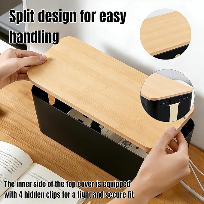 1 Large + 1 Small Cable Management Box Set – 2-Piece Cord Organizer Box, Home Office Desk Wire Storage & Cable Management Solution (Bamboo Lid/Black)