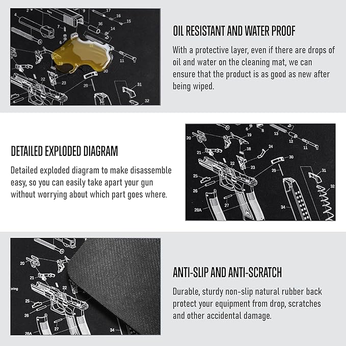 Gun Cleaning Mat 20"×12" - Thick Protection, Leak-Proof Surface, Non-Slip Oil Resistant Glock Cleaning Mat,Pistol Cleaning Mat with Detailed Parts Diagram