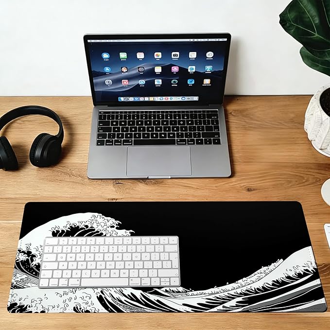 Dark Wave Mouse Pad,35.4 x 15.7 Inch Large Mouse Mat Non-Slip Rubber Stitched Edges for Writing Desk,Office,Home,Laptop