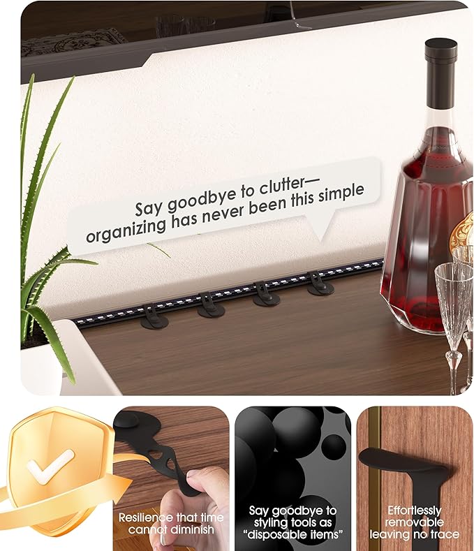 Cable Management Under Desk, Adjustable Self-Adhesive Silicone Cable Ties Cord Organizer, Reusable Heavy-Duty Cord Holder Under Table for Office, Home, School (10Pcs-Black)