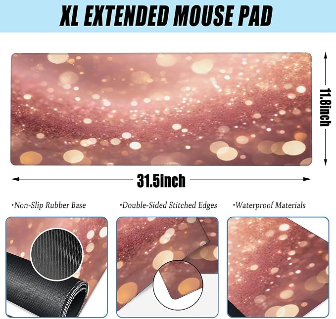 XL Mouse Pad,Rose Pink Glitter Large Gaming Mouse Pad,Gold Sparkles Desk Mat for Desktop,Extended Big Computer Keyboard Desk Pad with Non-Slip Base and Stitched Edge 31.5"x11.8"