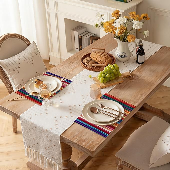 Mexican Ethnic Colorful Stripes Placemats Set of 6 Linen Table Mats, 12x18 Inch Washable Placemats for Dining Table, Non Slip Heat Resistant Mats for Kitchen Home Decor