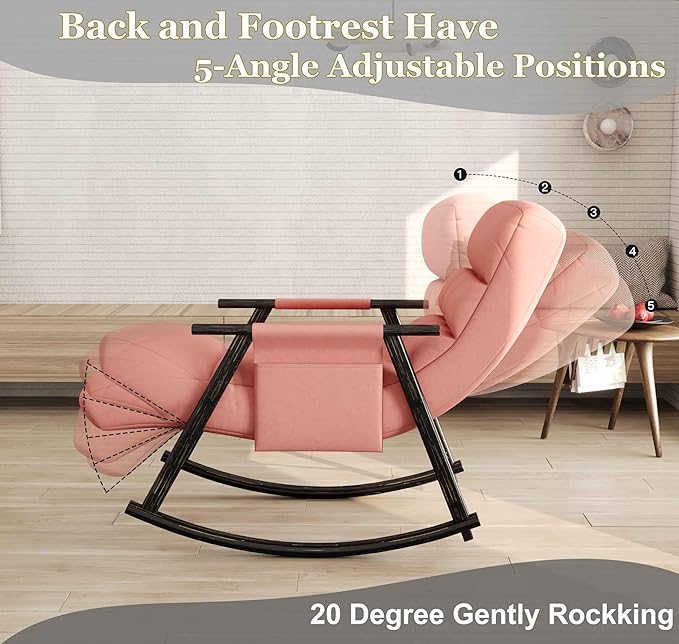 Folding Rocking Chair Nursery with Armrests, Upholstered Lounge Chair Indoor with Side Pocket, Adjustable High Back & Footrest, Glider Rocking Chair for Living Room, Bedroom, Balcony (Velvet, Pink)