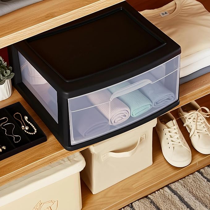 HOMZ 2-Pack 1-Drawer Storage Cart, Clear Plastic Container, 15" Wide Body, Black Frame - Organizing Drawer Containers for Home, Bathroom, Bedroom, Office, and Classroom