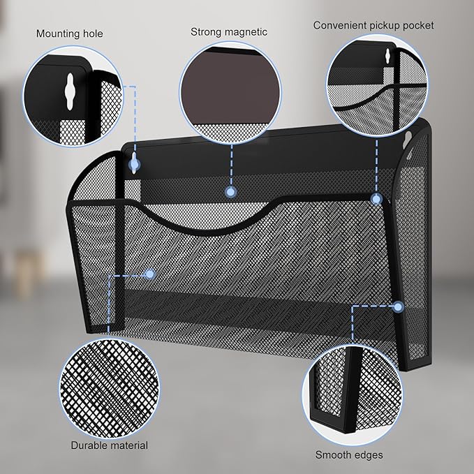 Magnetic File Holder 6 Pockets File Folder Organizer, Office Hanging Magazine Rack for File Cabinets, Magnetic Paper Holder, No Drilling Mail Organizer for Refrigerator, Office