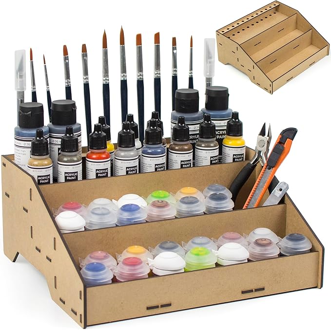 PROSCALE Universal Paint Organizer Rack for Miniatures Modeling Paint Holder for all kind of Bottles + Brush/Tool Slots Compatible with Citadel, Vallejo, Army Painter, Tamiya, others (Module B)