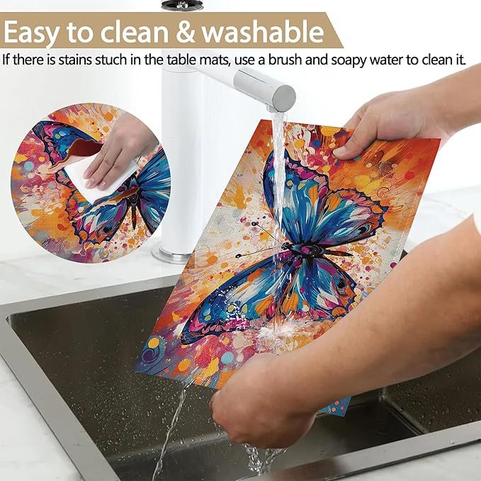 Colorful Butterfly Placemats Set of 6 Linen Table Mats, 12x18 Inch Washable Placemats for Dining Table, Non Slip Heat Resistant Mats for Kitchen Home Decor