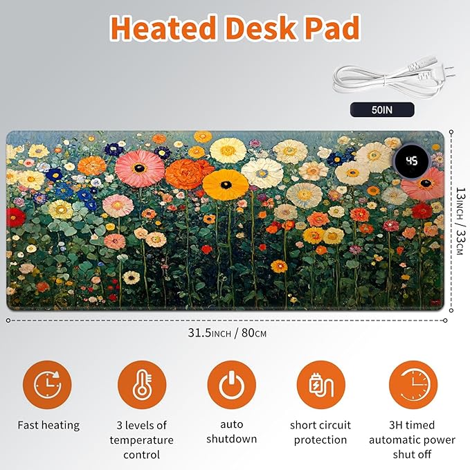 Heated Mouse Pad,Warm Desk Pad with 3 Levels Heating & 3 Hours Auto Shut-Off, PU Leather Heated Desk Pad Warmer Pad for Home Office - 31.5 x 13 inch,Wildflowers