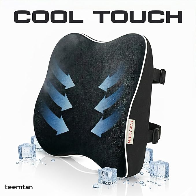 Milkyway Back Support for Office Chair, Memory Foam Lumbar Support Pillow with Cooling Breathable Cover, Adjustable Strap and Extra Extension Strap, for Car Seat, Home, Gaming, Black