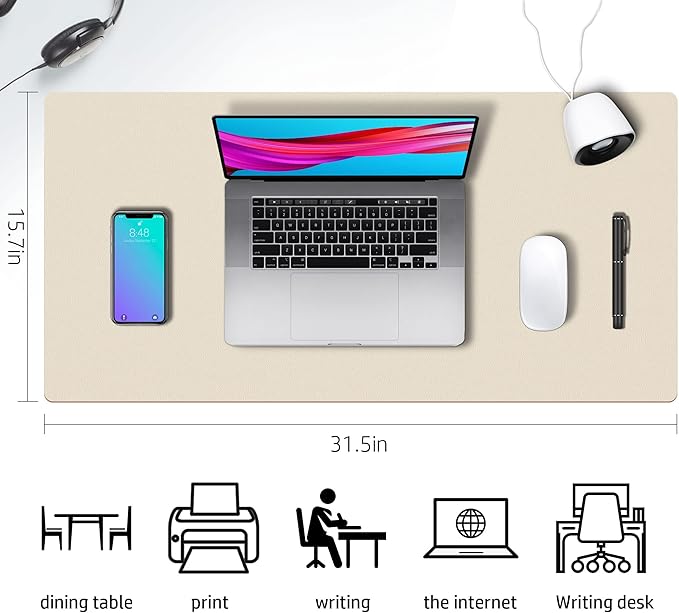 Aothia Double-Sided PU Leather Desk Pad - Non-Slip Large Mouse Pad & Desk Mat for Office, Home - Waterproof, Easy to Clean, Durable Dual-Sided Surface (31.5" x 15.7", Beige)
