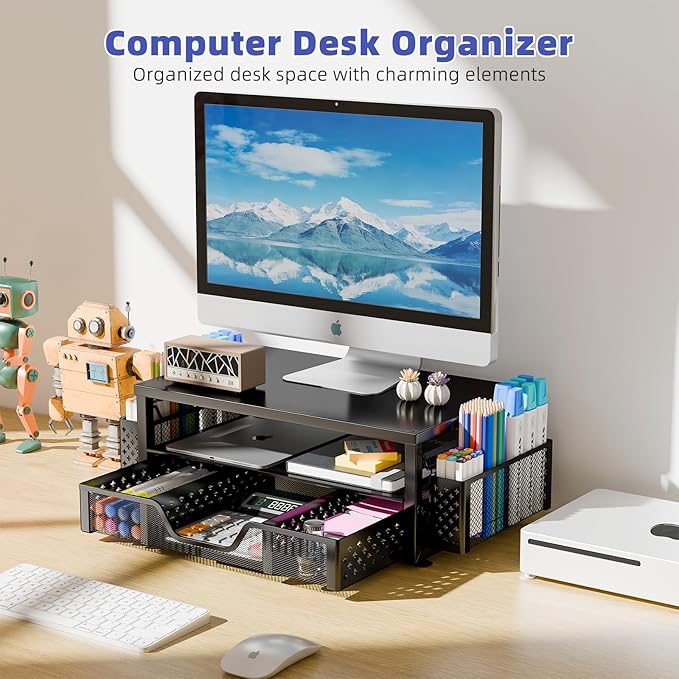 Simple Trending Desk Organizer and Accessories, 2-Tier Computer Monitor Stand Riser with Drawer and Pen Holders – Metal Latop Stand for Home Office, Black