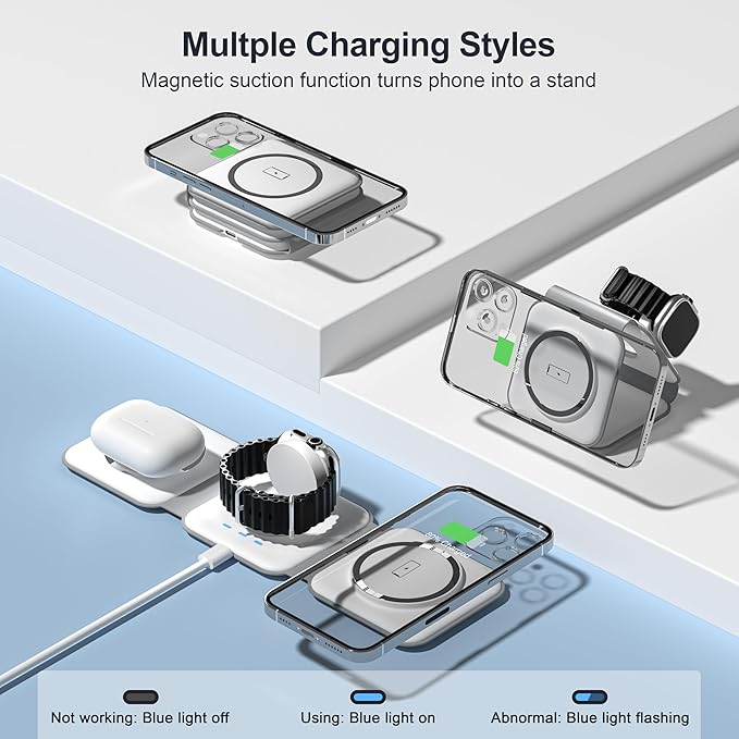 3 in 1 Charging Station for Multple Devices,Foldable 3 in 1 Wireless Charger for Travel,NANO Wireless Charging Station for iPhone17 16 15 14 13 12 Pro Max/Watch 10 9 8 7 6 5 4 3 Ultra/AirPod Pro