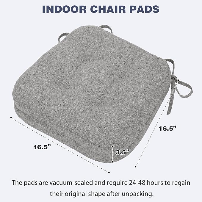 baibu Set of 6 Dining Chair Cushions, Dual-Layer Patent Design Memory Foam Kitchen Chair Cushions, Non-Slip Seat Pads with Ties, 16.5 x 16.5 x 3.5in, 6 Pack, Light Grey