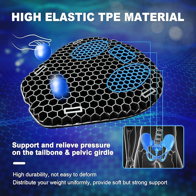 Motorcycle Seat Cushion, 3D Honeycomb Gel Pad, Pressure Relief Shock Absorption, Breathable Non-Slip Universal Cover for Long Ride, Fits Cruiser Street Touring Bike (Four Seasons)