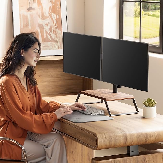 AOKCOS Dual Monitor Stand Riser for 12-27 Inch Computer Screens, Freestanding Double Monitor Stand for Desk, Adjustable Dual Monitor Mount Each Arm Hold up to 22lbs, VESA 75x75/100x100mm