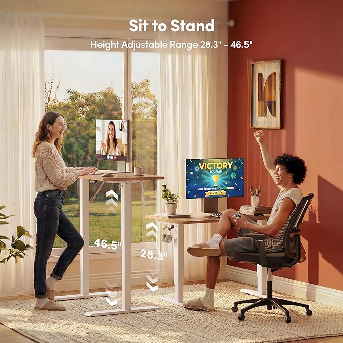 Cubiker Standing Desk, 32" Small Sit Stand Home Office Desk, Electric Stand up Desk, Adjustable Desk with Splice Board, White Frame/Maple Top