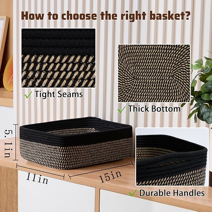 MiniArk Large Shallow Organizing Baskets 15x11x5.1 Inches - Rope Woven Storage Bins for Bathroom, Shelves, Cube Closet, Black Woven Brown 3 Packs
