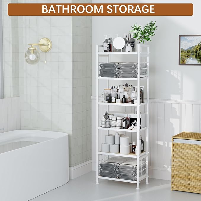 GIOTORENT 6-Tier Pantry Shelves with Wooden Boards, Heavy Duty Storage Shelves & Book Shelf, Adjustable Metal Shelving Unit for Kitchen Bathroom Laundry Organizer, Sturdy Rust-Resistant, White