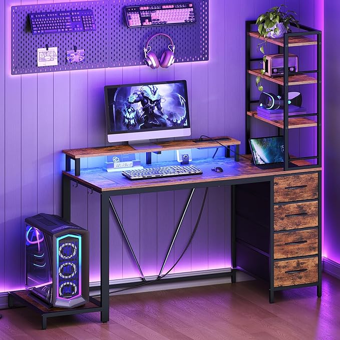 RALGEND Computer Desk with Shelves and Drawers, 43.3 Inch Gaming Desk with Charging Station and LED Lights, Desk Workstation with Monitor Stand and Storage for Home Office, Rustic Brown