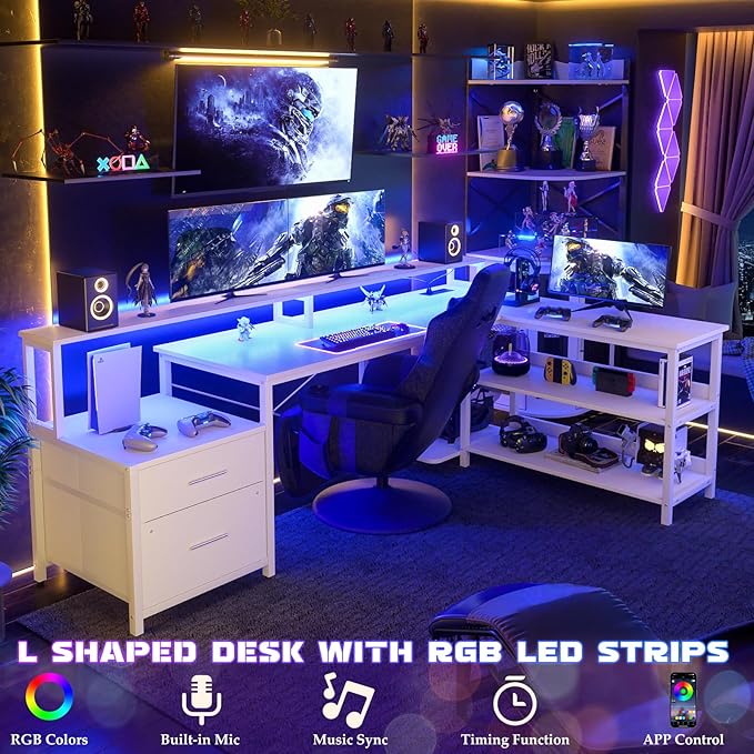 Aheaplus L Shaped Desk with Power Outlet, Reversible L Shaped Computer Desk with File Drawer & Monitor Stand, Gaming Desks with LED Strip, Home Office Desks with Storage Shelf, White
