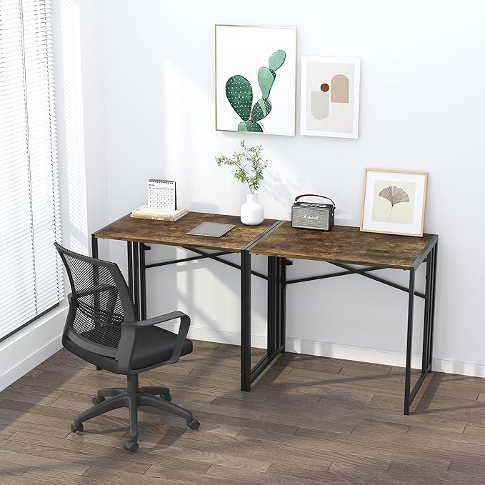 Lutown-Teen 32 inch Small Folding Computer Desk, Writing Gaming Computer Desk for Small Spaces, No Assembly Required Home Office Desk, Rustic Brown