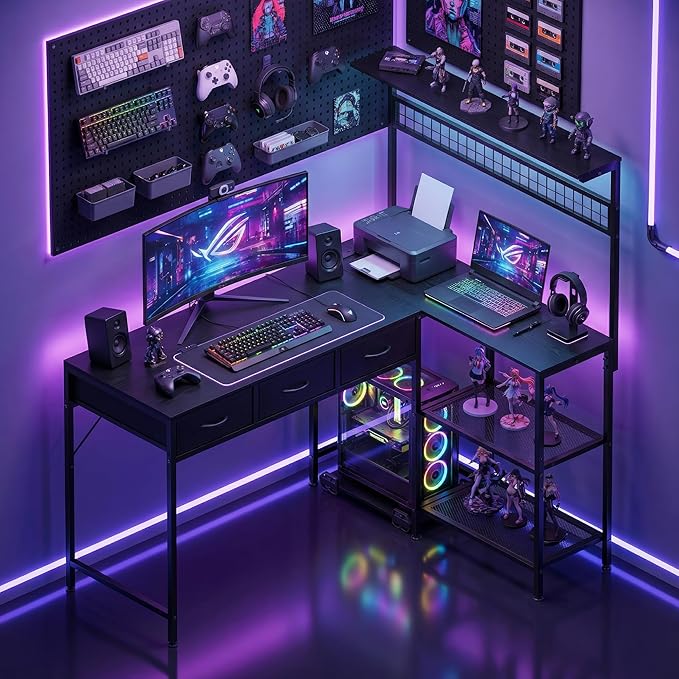Garvee Computer Desk with 3 Fabric Drawers, 50.4 in l-Desk Display Shelves with Led Light & Power Outlet, PC Table Workstation for Home Office, Gaming Desk for Small Spaces, Black
