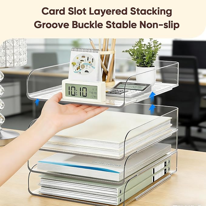 HIYOHIYO 4-Tier Clear A4 Paper Organizer for Office Desk, Stackable Desktop Letter Papers Tray, Acrylic Desk Paper Holder, Large Capacity File Folder Organizer, Vertical Style