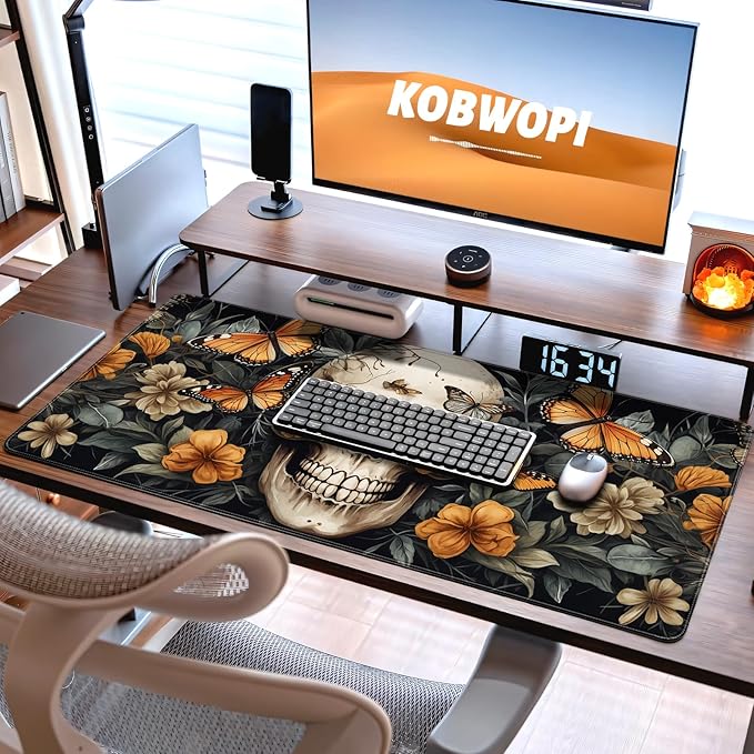 35.4 x 15.7 in, XXL Large Mouse Pad for Desk, Extended Keyboard Mouse Mat for Computer Office, Big Mouse pad with Stitched Edges, Gaming Pc-Skull Butterfly Flowers