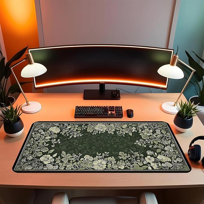 Deep Green Floral Mouse Pad XXL, Vintage Plant Desk Pad, Large Gaming Desktop Anti Slip Mats, Laptop Mat Mousepads with Stitched Edges, Suitable for Office Gaming Home Desktop Decor 31.5"X15.7"