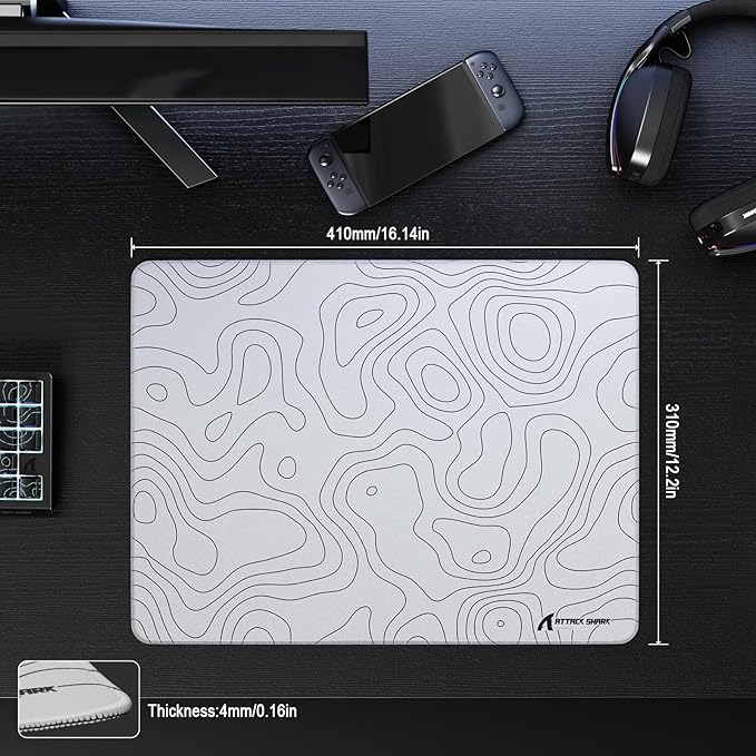 ATTACK SHARK CM02SE Gaming Mouse Pad for Esports Speed Mouse mats for Desk Waterproof Surface Stitched Edges and Anti-Slip Rubber Base Size M Laminate 16.14” x 12.2” x 0.16” White Contour