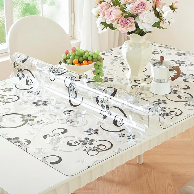 LovePads Floral Clear Table Cover Protector - 36 x 48 Inch Thick Plastic Table Cloth, Waterproof PVC Desk Mat for Dining Room Table, Wood Furniture Topper, Anti-Scratch Desk Pad for Kids Writing,