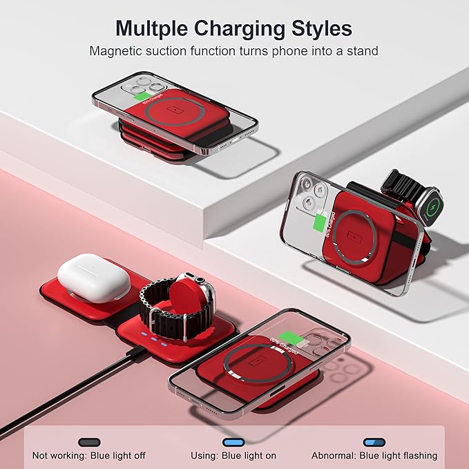 3 in 1 Charging Station for Multple Devices,Foldable 3 in 1 Wireless Charger for Travel,Nano Wireless Charging Station for iPhone16 15 14 13 12 Pro Max/Watch 10 9 8 7 6 5 4 3 Ultra/AirPod Pro