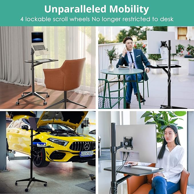 Viozon Mobile Desk,Mobile Workstation,Mulitiuse Rolling Laptop Floor Stand,34"-48.6" Height Adjustable,Compatible with 17"-27" Monitor&12"-17" Laptop,21"×14" Desk,Maxload 17.6lbs,4 Lockable Wheels B