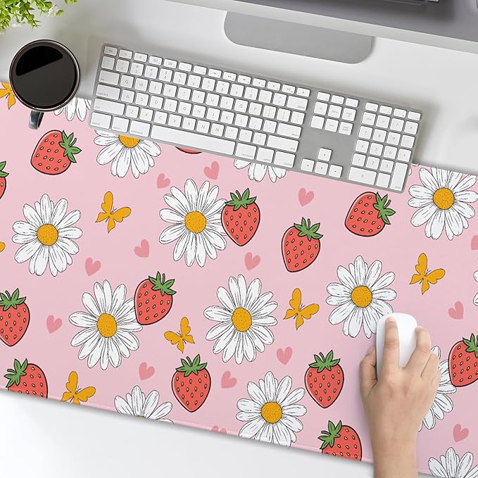Strawberry Mouse Pad Pink Cute Desk Mat Large Gaming Mousepad Pink Keyboard Pad 31.5x11.8in Non-Slip Rubber Base Pastel Kawaii Mousepad Laptop for Office Gaming Computer Home Accessories Supplies