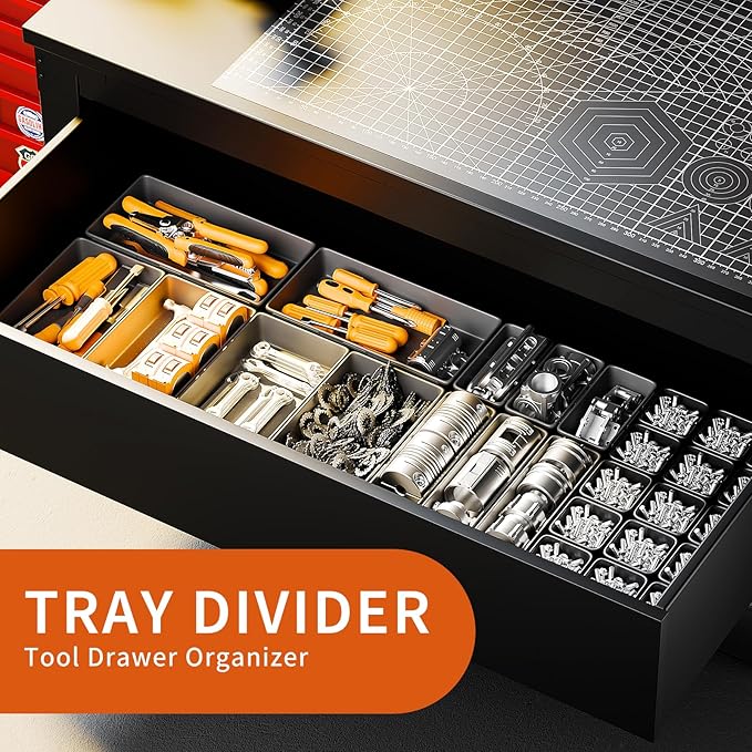 5 Sizes Tool Drawer Organizer - 69 PCS Tray, Desk Drawer & Rolling Tool Chest Organizer (Black)