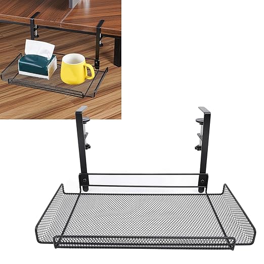 Under Desk Cable Management Tray, 14.4 x 7.9 x 6.9 Inch Large Cpacity Metal Mesh Desk Cable Tray with Clamp Mount No Drill Carbon Steel Desk Cable Organizer for Home Office (Black)