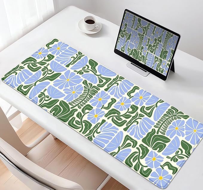 Vintage Blue Green Boho Floral Desk Mat, Abstract Geometric Botanical Large Gaming Mouse Pad with Non-Slip Base, Custom Aesthetic Mousepad for Desktop Decor, Laptop Computer Pad, 31.5x11.8 Inch