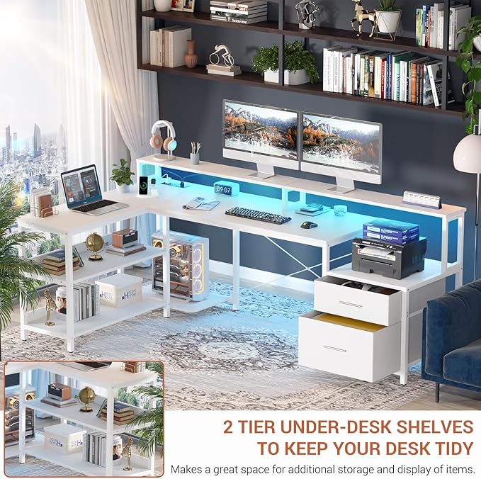 Aheaplus L Shaped Desk with Power Outlet, Reversible L Shaped Computer Desk with File Drawer & Monitor Stand, Gaming Desks with LED Strip, Home Office Desk with Storage Shelf, White