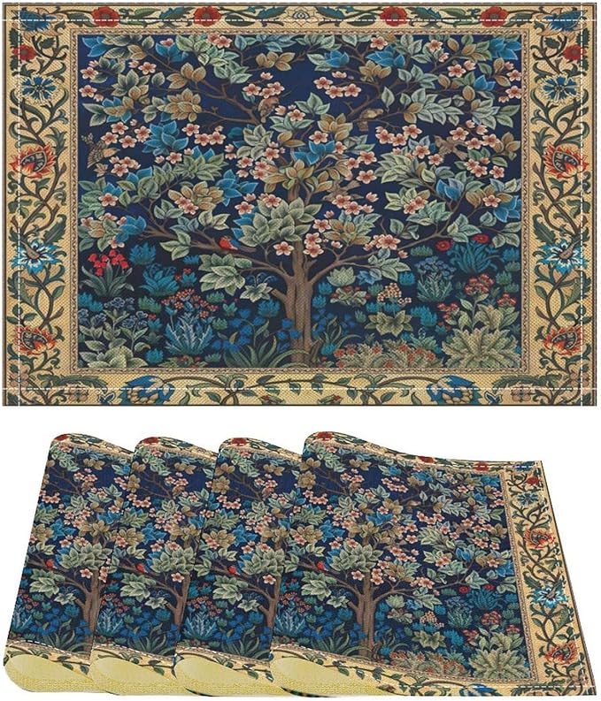 William Morris Floral Placemats Vintage Tree Art Style Boho Chic Retro Tree Linen Washable Table Mats Stain Heat-Resistant Desktop Decor Place Mats for Home Kitchen Dining Party 12x18 in 6 Pcs