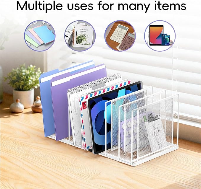 File Organizer for Desk, 7-Section Vertical File Sorter, Paper Holder Organizer Standing Metal File Folder for Office Home Classroom, White
