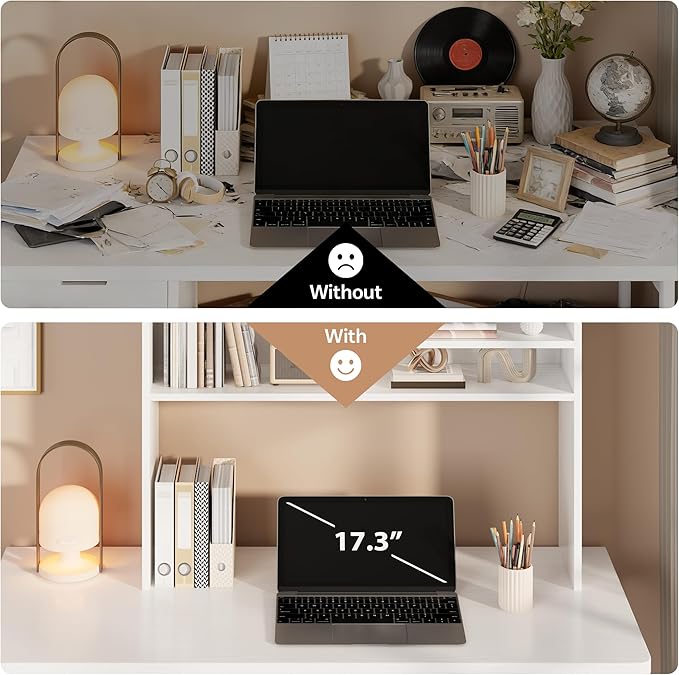 5-Tier Desk Shelf, 37.4''W Desktop Bookshelf for Computer Monitor, Desktop Organizer Shelf Storage Rack with 6 Cubbies, 5-Level Desk Hutch Display Rack for Home, Office, Dorm, Vanity, White